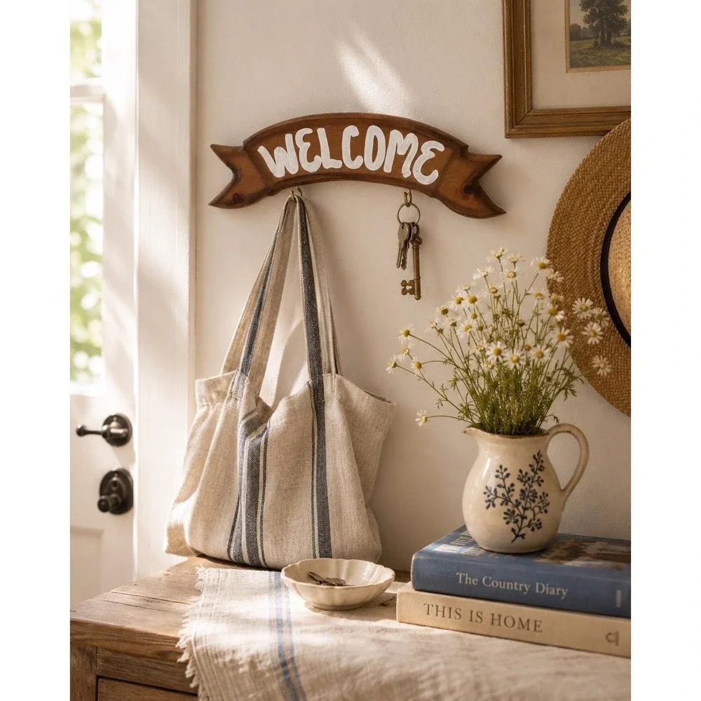 Rustic Wooden Welcome Key Holder | Hand-Painted Vintage Entryway Sign